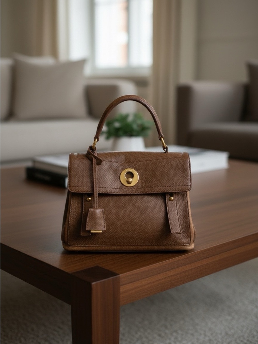 Yves Saint Laurent Brown Leather Top-Handle Satchel with Gold Hardware